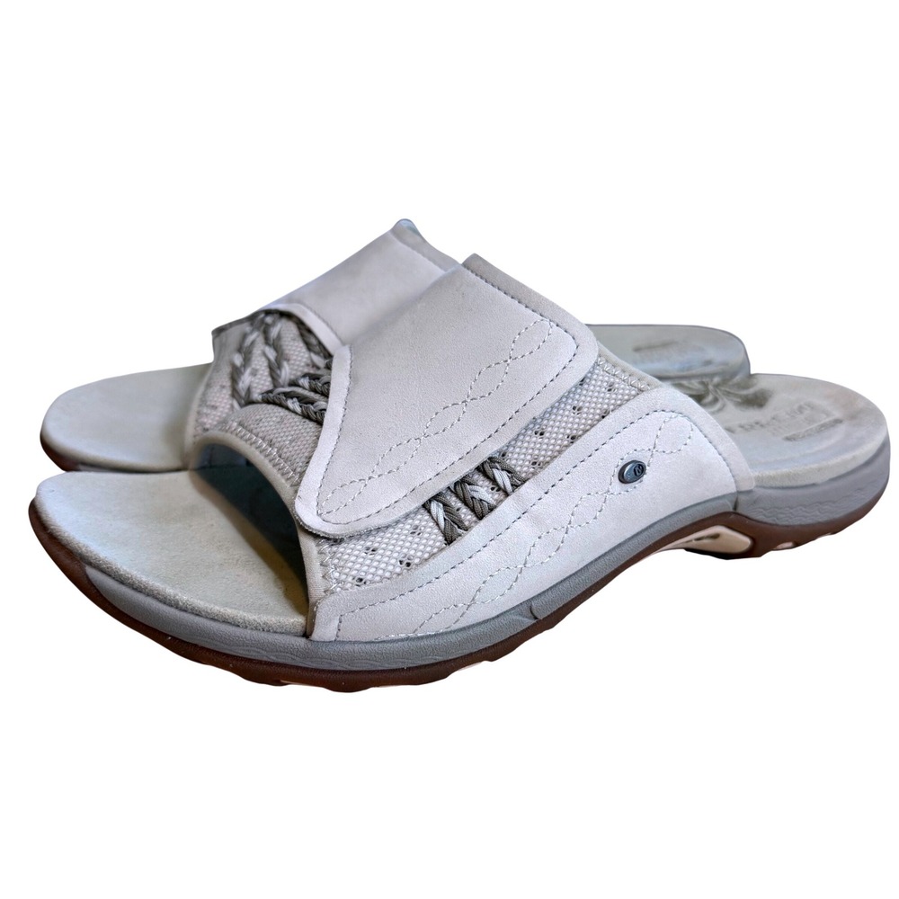 Merrell Lilyfern Silver‎ Birch Leather Slide Sandals Womens 9 QForm Comfort